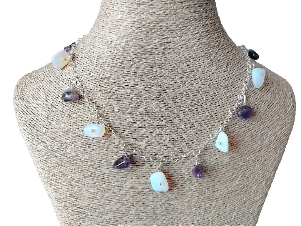 Amethyst & Seaglass Charm Necklace Sterling Silver Heart Chain Jewellery Gift