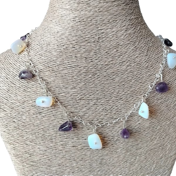 Amethyst & Seaglass Charm Necklace Sterling Silver Heart Chain Jewellery Gift