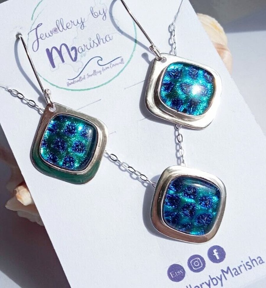 Dichroic Glass Jewellery Gift Set Sterling Silver Necklace Earrings Blue Spots