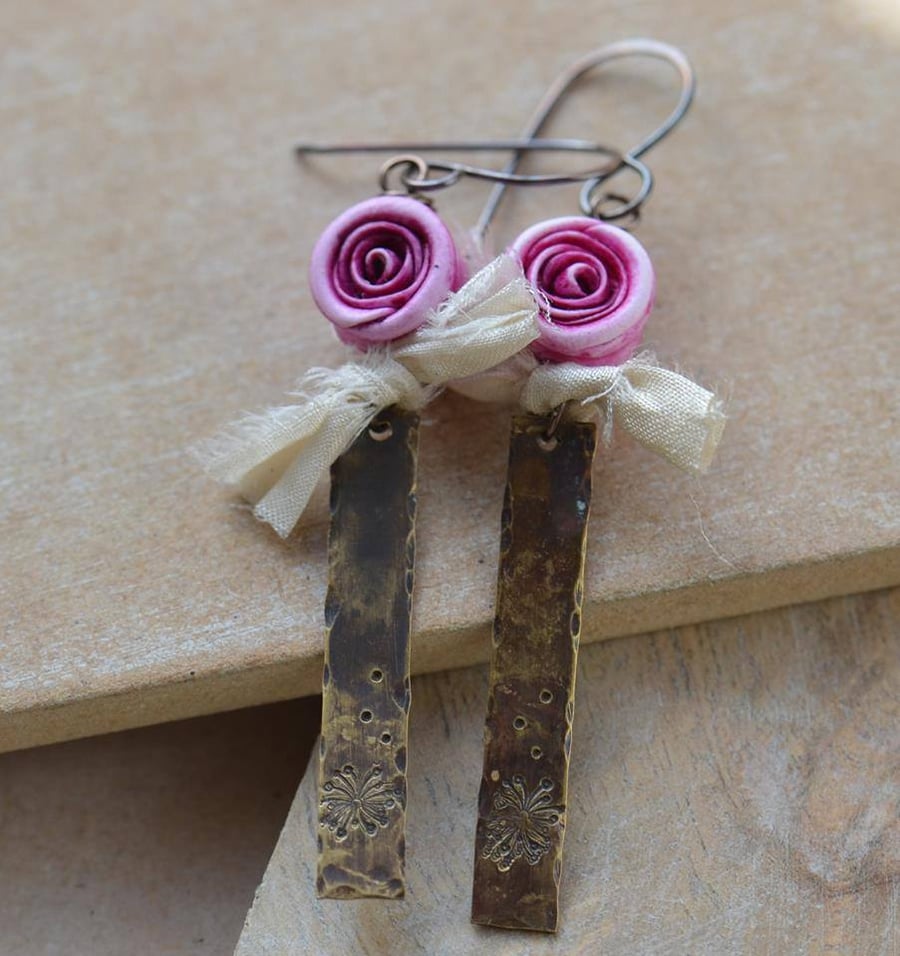 Earrings with Pink Polymer Roses and Handstamped Dandelion Seed Brass Rectangles