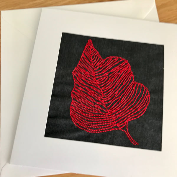 Embroidered Red Leaf Greetings Card Blank
