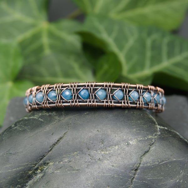 Wire Weave Copper Cuff with Faceted Pale Blue Jade beads