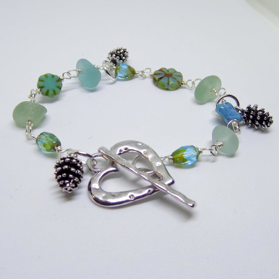 Sea glass nugget and czech bead wire wrapped bracelet