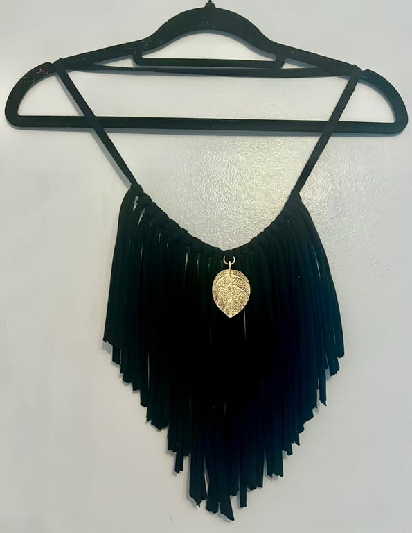 Upcycled Black Boho Goth Statement Necklace with Gold Leaf Pendant