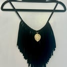 Upcycled Black Boho Goth Statement Necklace with Gold Leaf Pendant