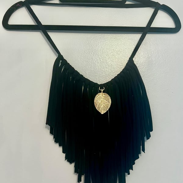 Upcycled Black Boho Goth Statement Necklace with Gold Leaf Pendant