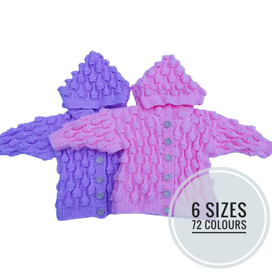 Hand Knitted Cardigan, Gender-Neutral Hooded Bobbly Pattern, Birth to 7 Years