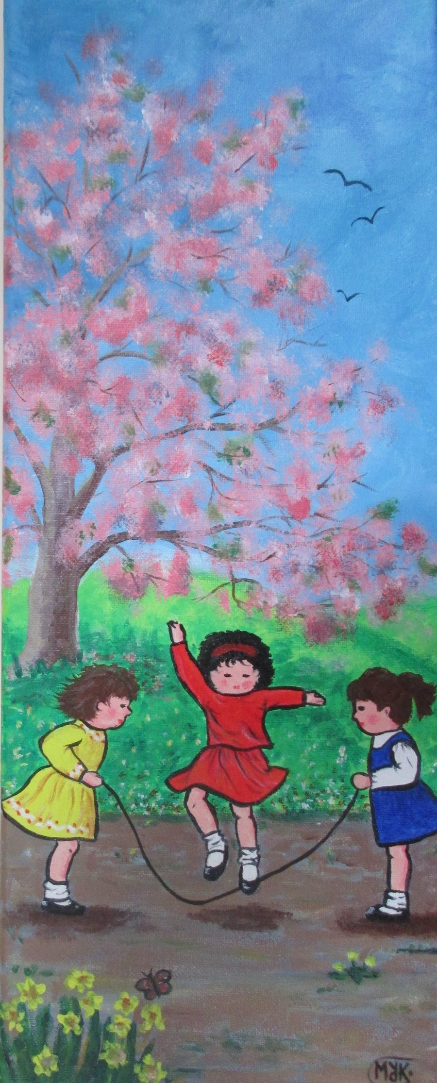 Little Girls Playing In The Spring. Original art on canvas