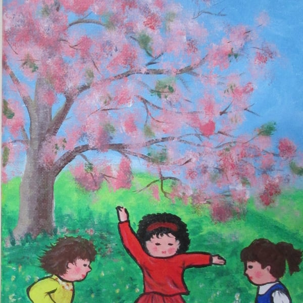 Little Girls Playing In The Spring. Original art on canvas