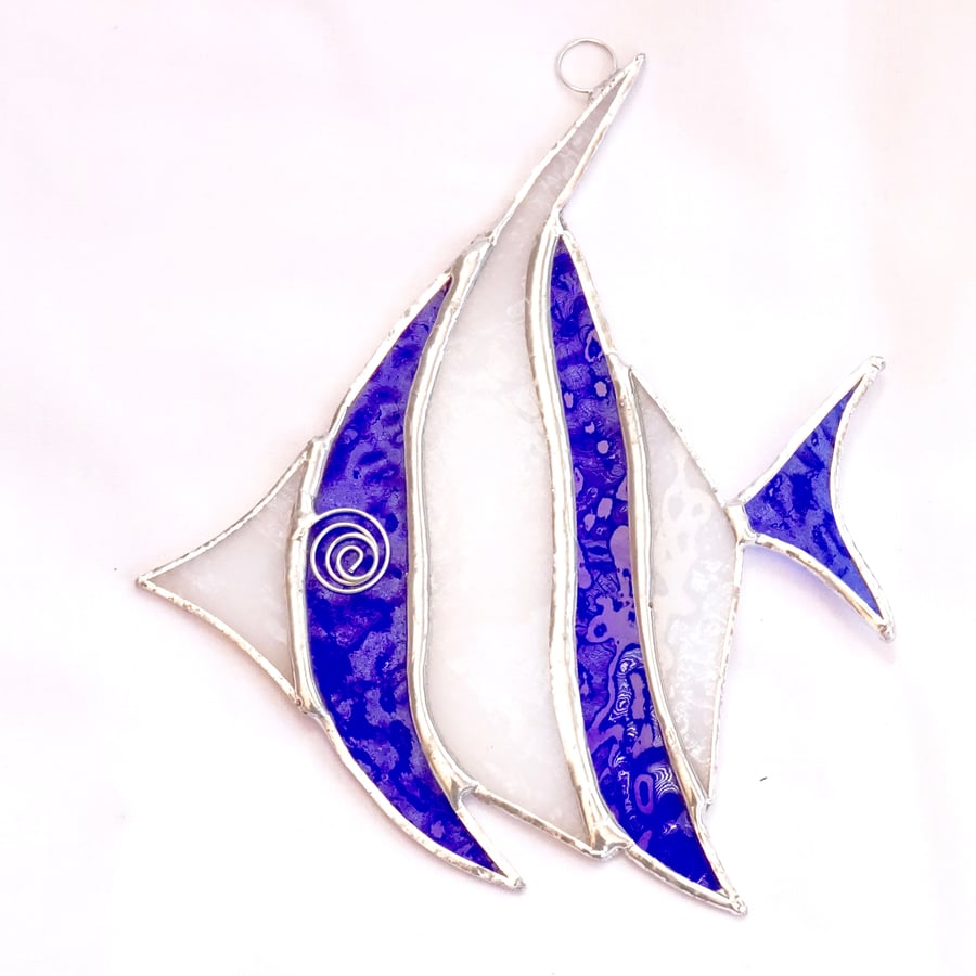 Stained Glass Angel Fish Suncatcher - Handmade Decoration - Blue and White