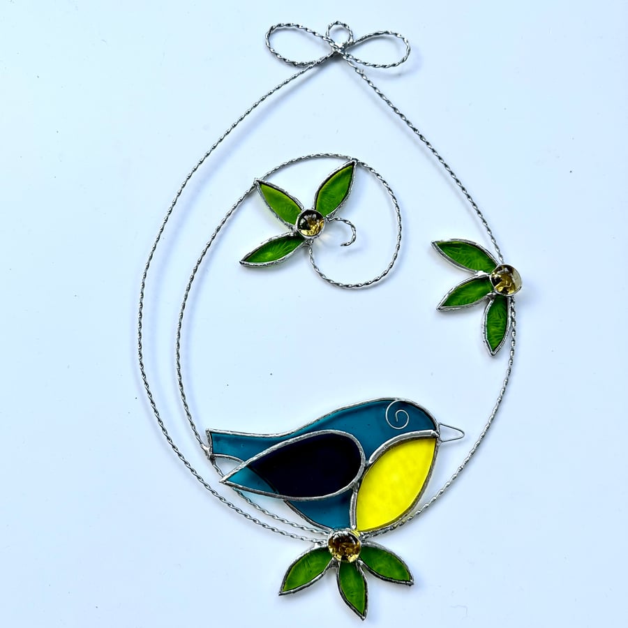 Stained Glass Blue Tit Circle Suncatcher - Handmade Window Decoration