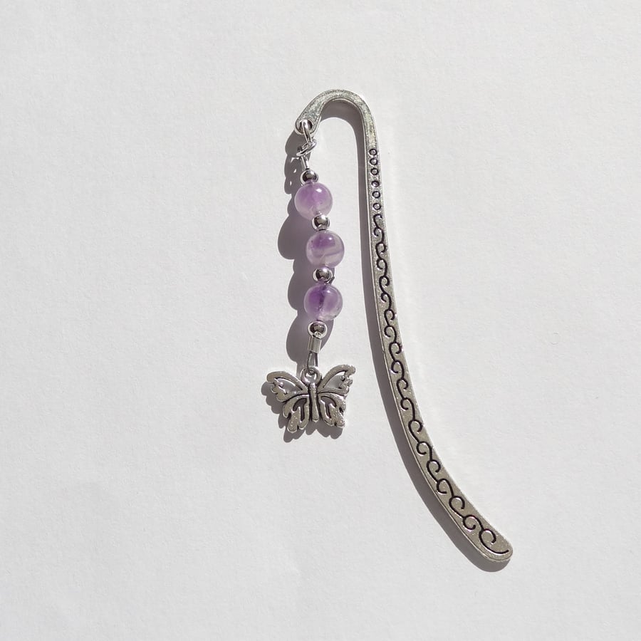Amethyst Sage Agate natural stone beaded bookmark, butterfly charm, organza bag