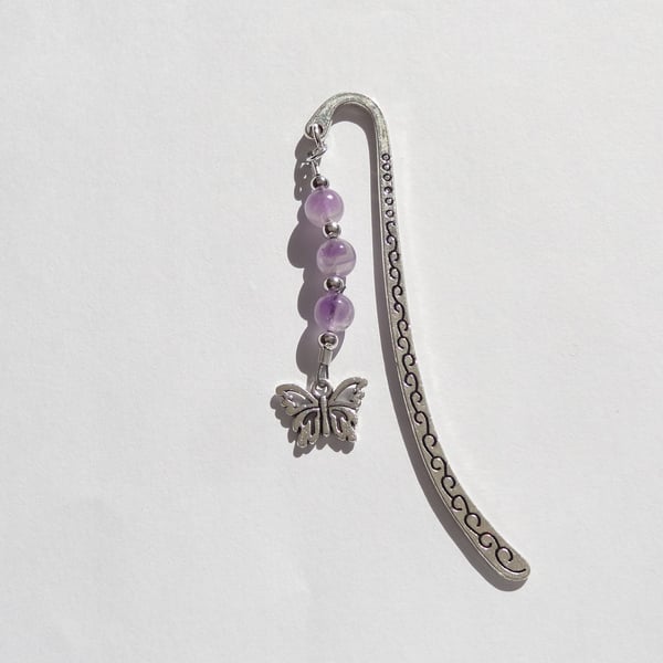 Amethyst Sage Agate natural stone beaded bookmark, butterfly charm, organza bag