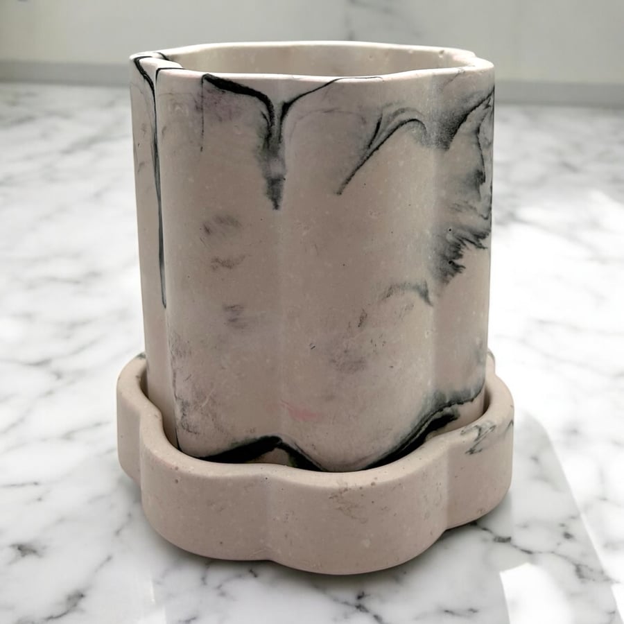Tall Black and White Marbled Plant Pot with Saucer or Storage Pot With Lid MFPP2