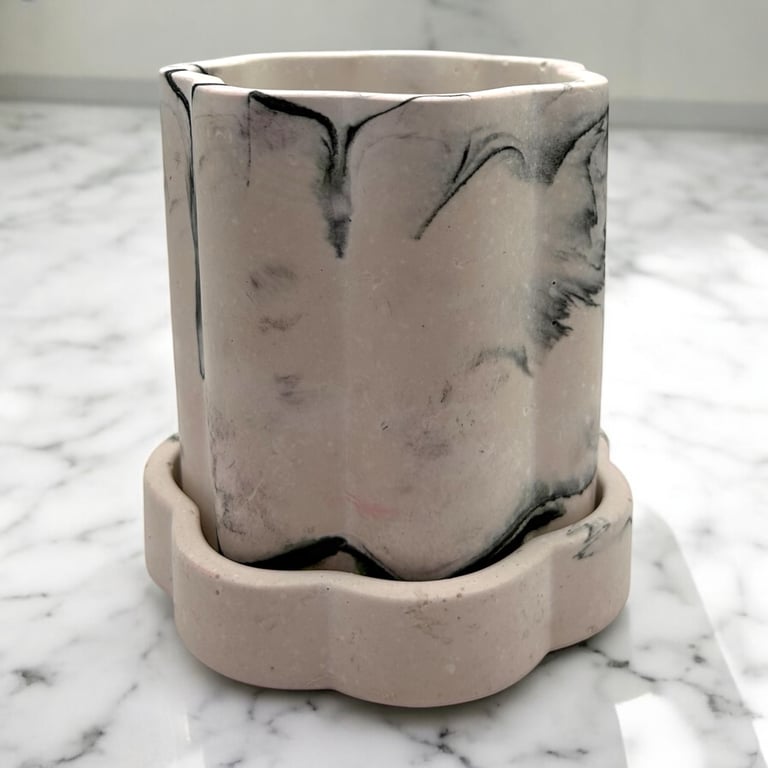 Tall Black and White Marbled Plant Pot with Saucer or Storage Pot With Lid MFPP2