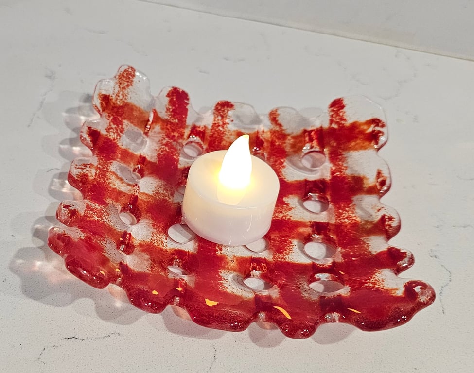 Hand made fused glass square decorative bowl - red grid
