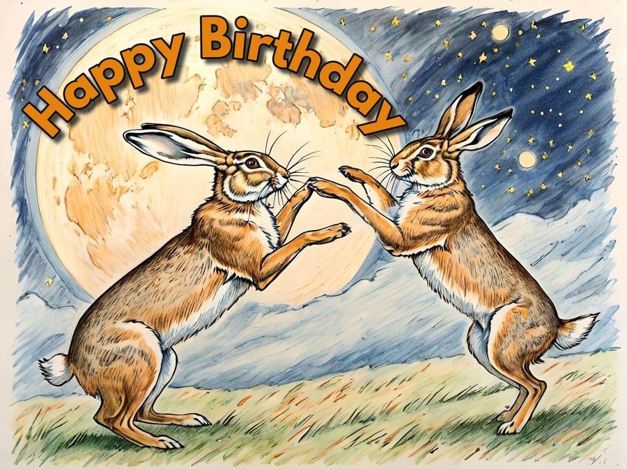 Happy Birthday Hares Boxing Under Moon Card A5