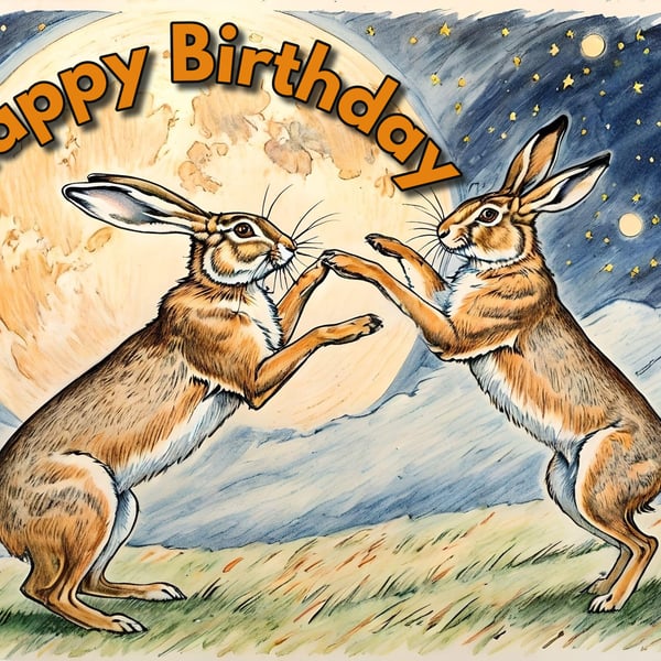 Happy Birthday Hares Boxing Under Moon Card A5