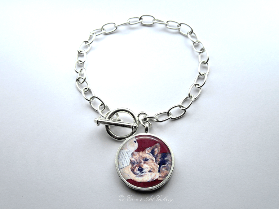 Silver Plated Yorkshire Terrier Dog Art Large Link Charm Bracelet With Toggle