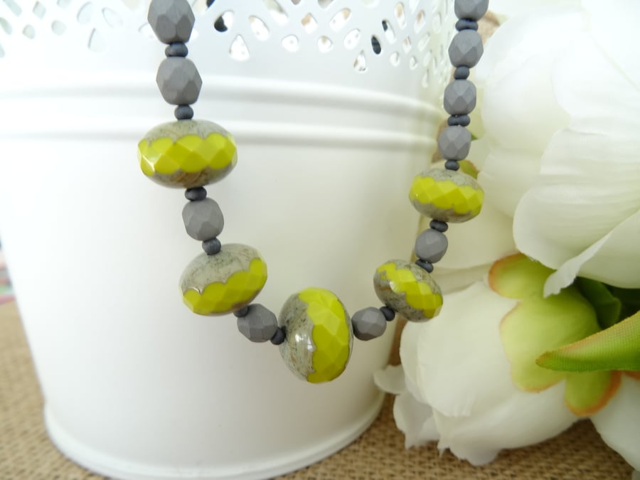Czech Glass Necklace,Chartreuse Necklace, Grey Necklace.