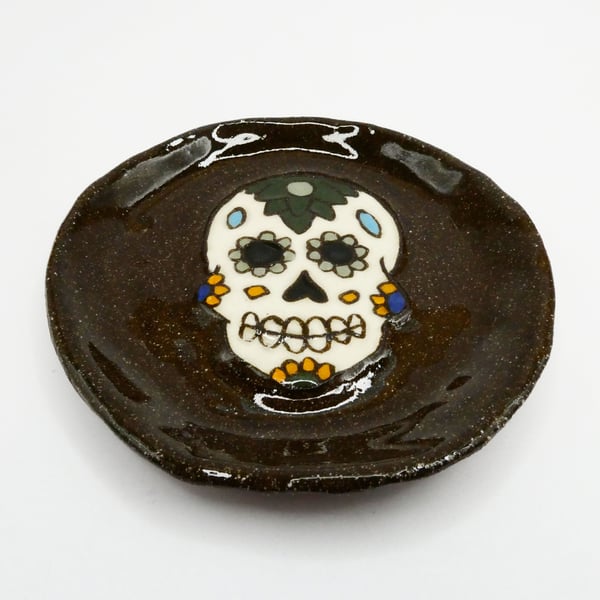 Small ceramic dish with sugar skull, day of the dead