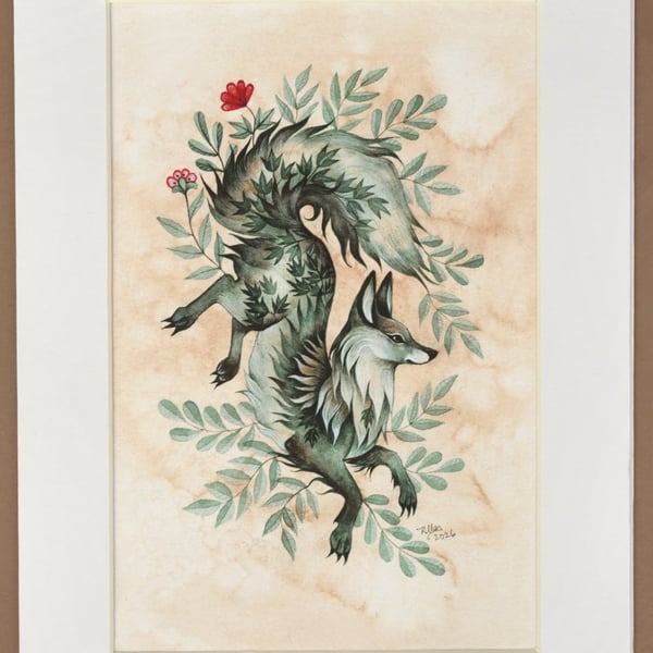 Fox and Leaves - Giclee Print, mounted (unframed)