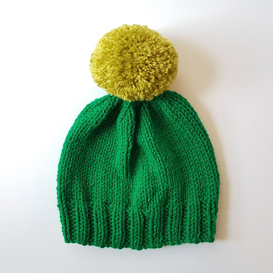 Bobble Hat in Emerald Green Chunky Yarn with Lime Green Pom Pom