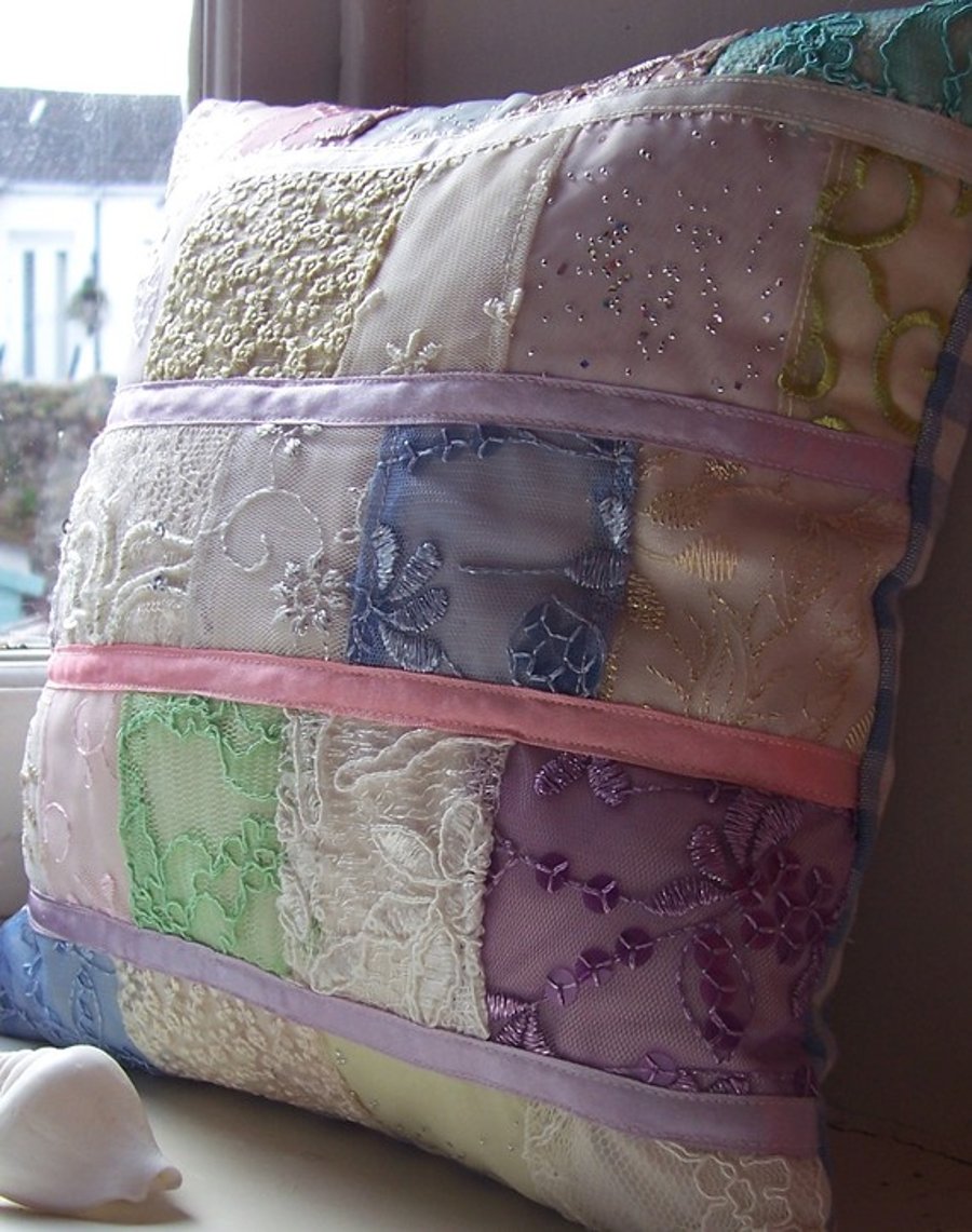 One of a kind cushion cover with lace patchwork, sequins and ribbons