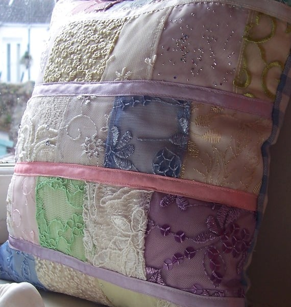 One of a kind cushion cover with lace patchwork, sequins and ribbons
