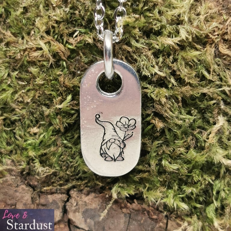 FLOWER GNOME Hand Stamped Pewter Necklace