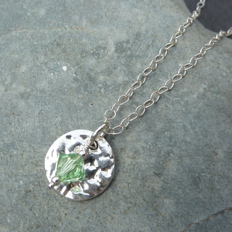 August Birthstone Necklace - Fine Silver Round Charm and Peridot Crystal