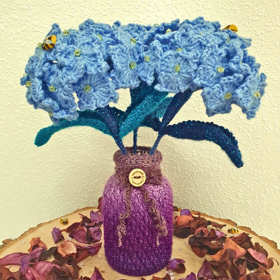 Crochet Hydrangea Bouquet & Vase, July Birth Flower, Stems Only Or As A Set