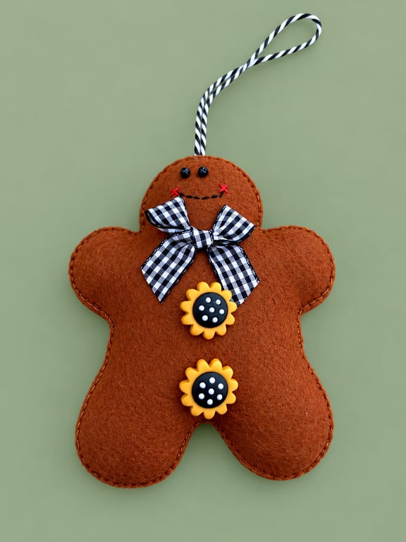 Handmade Felt Gingerbread Christmas Decoration – Sunflower Buttons & Gingham Bow