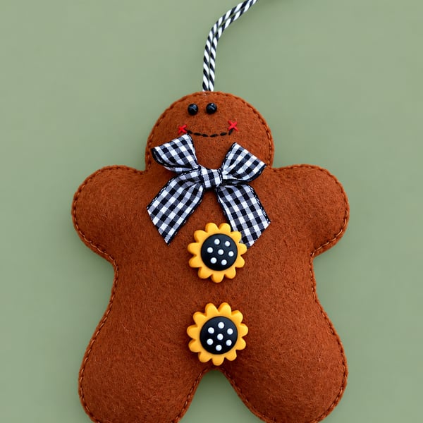 Handmade Felt Gingerbread Christmas Decoration – Sunflower Buttons & Gingham Bow