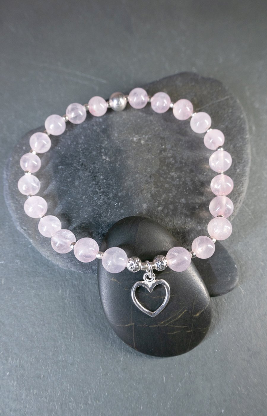  Bracelet rose quartz and sterling silver heart charm stretchy handmade