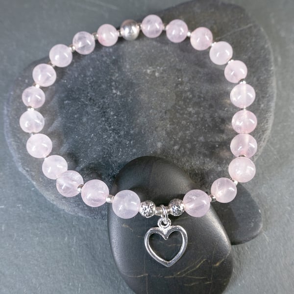  Bracelet rose quartz and sterling silver heart charm stretchy handmade