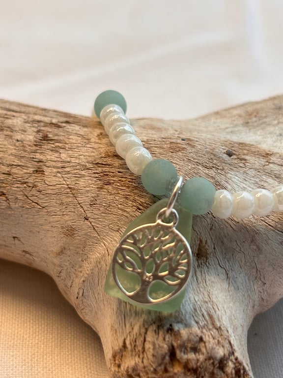 Bracelet - Seaglass, Tree of Life Charm, Amazonite, Pearly beads