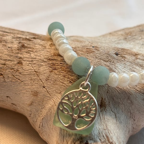 Bracelet - Seaglass, Tree of Life Charm, Amazonite, Pearly beads