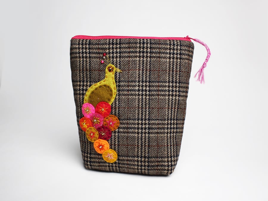 Wool check make up bag with hand appliqué peacock