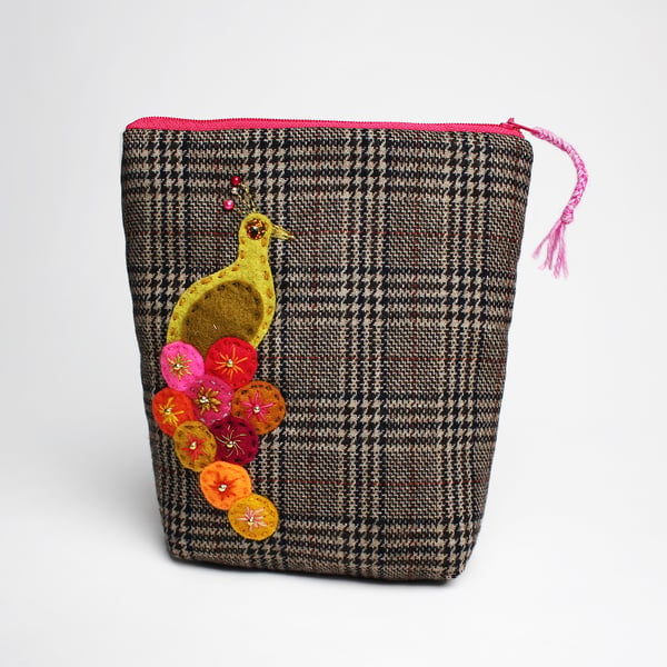 Wool check make up bag with hand appliqué peacock