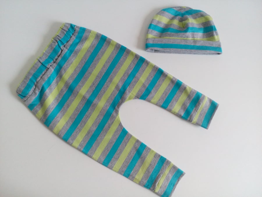 Leggings, hat 3-6 months, blue stripe design, baby clothes, Beautiful Bundle 