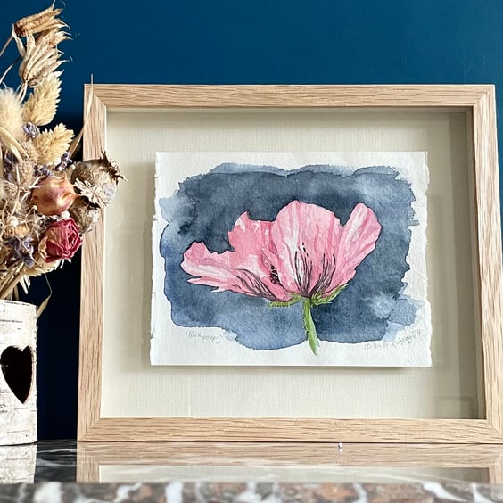 Framed original watercolour painting 'Pink Poppy'