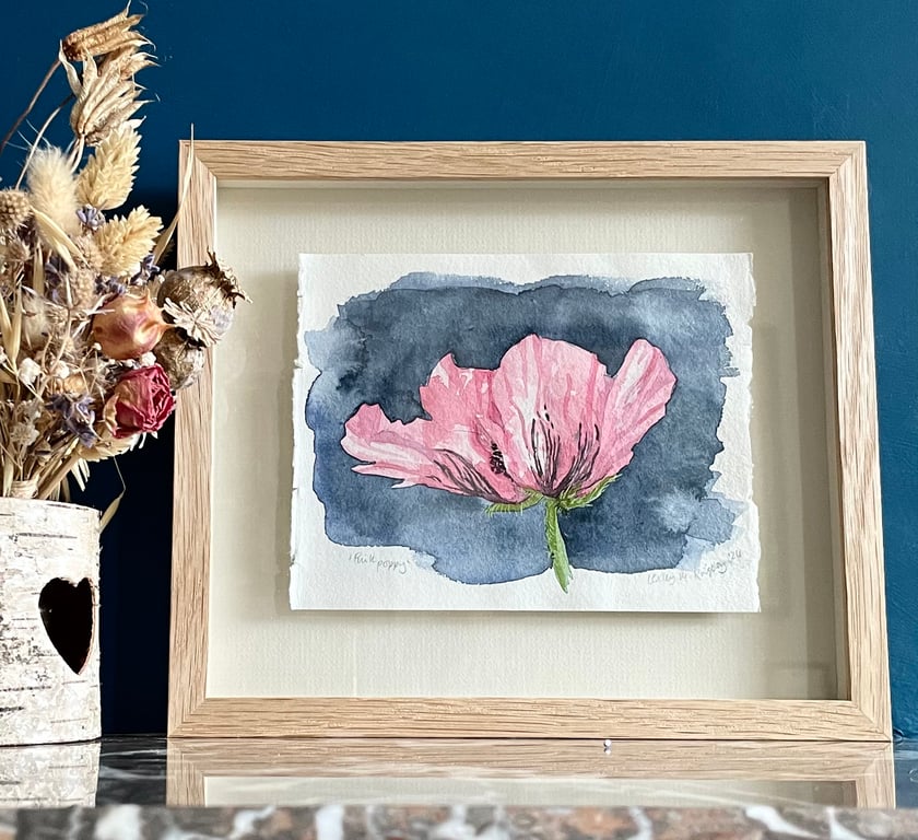 Framed original watercolour painting 'Pink Poppy'