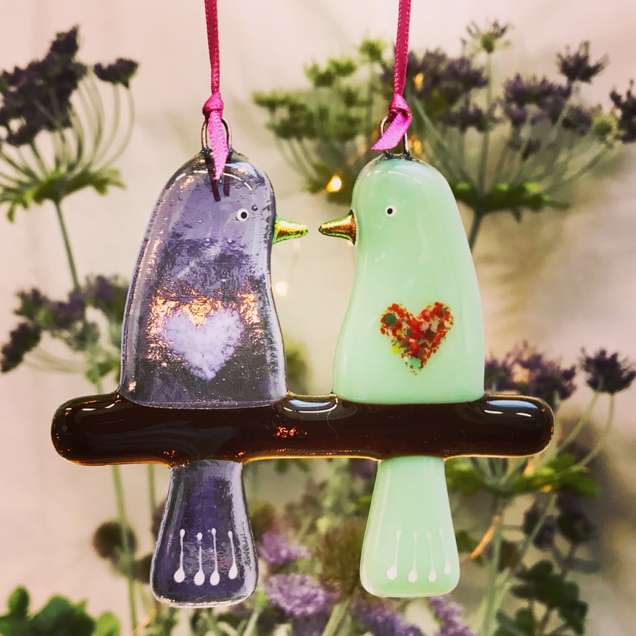 Fused glass Love Birds - Lilac & Mint Green