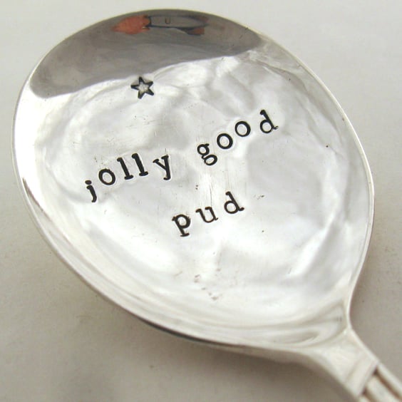 Jolly Good Pud, Handstamped Vintage Fruit Spoon