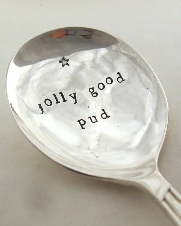 Jolly Good Pud, Handstamped Vintage Fruit Spoon