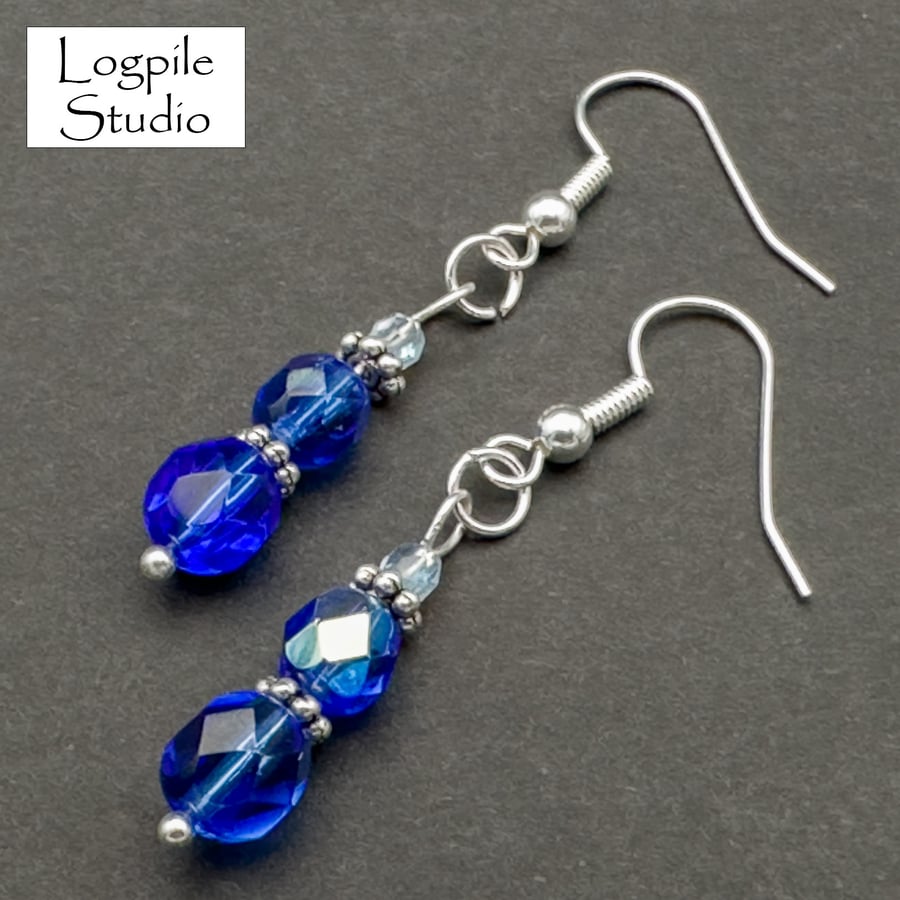 Cobalt Blue and Silver Bead Dangle Earrings