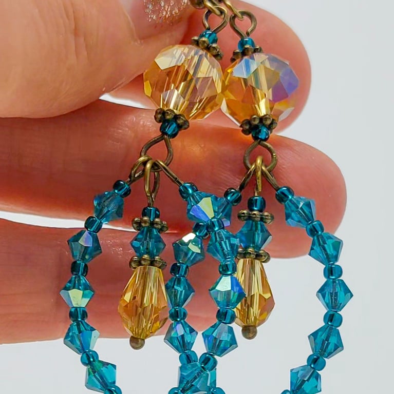 Statement Gold and Teal Chandelier Dangle Earrings with Crystals