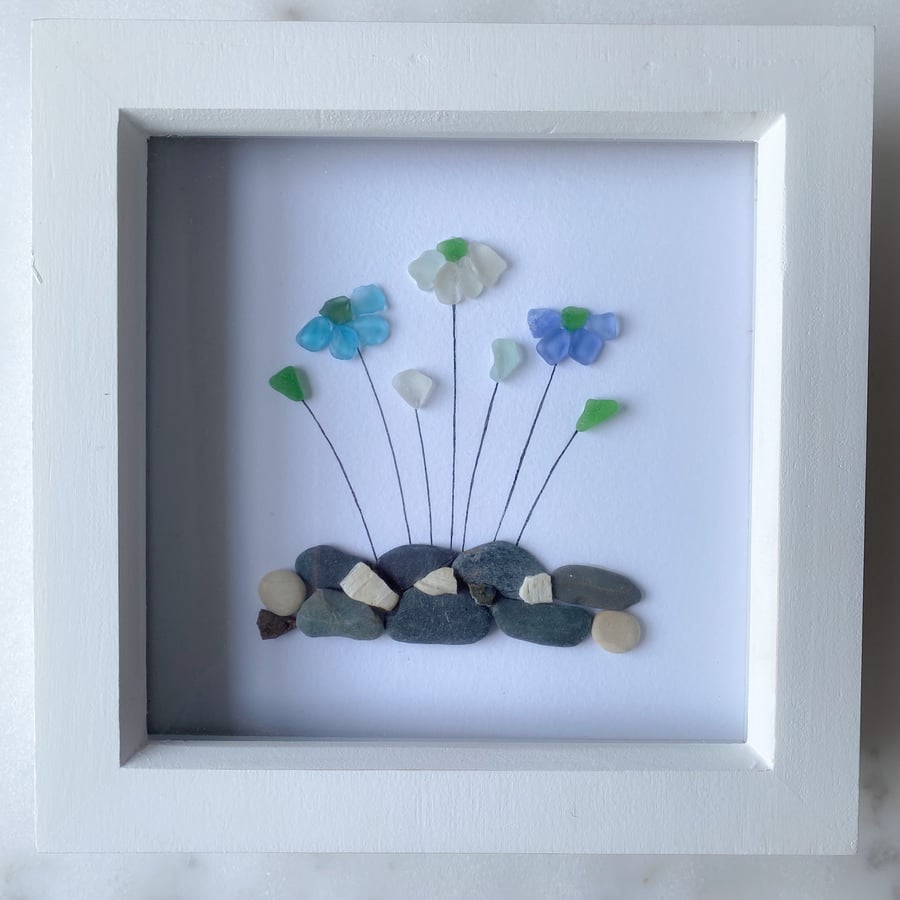 Framed Floral art with Cornwall sea glass and pebbles 