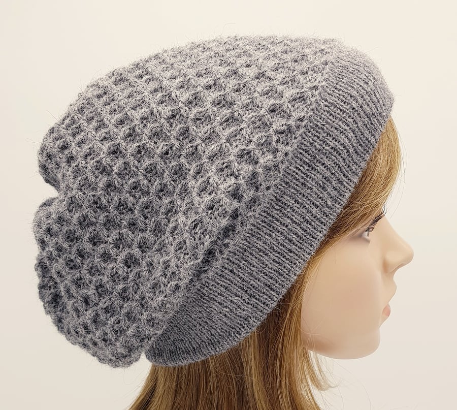 Handmade light grey beret for women, knitted alpaca slouch beanie hat
